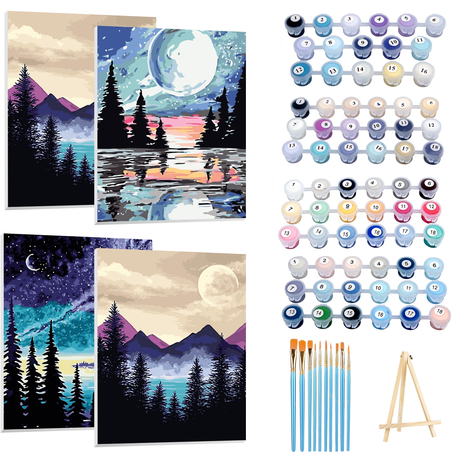 Ninonly 4 Pack Paint by Numbers Kit for Adults Framed Canvas, Art Supplies for Adults Beginners with Easel, Brushes, Acrylic Paint Set for Christmas Gift & Decor, 9 * 12 Inch