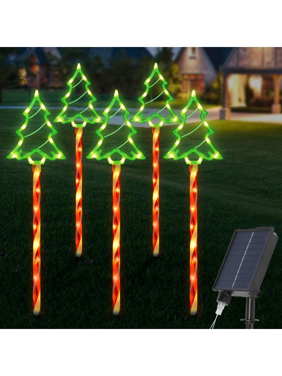 5 Pack Christmas Garden Lights Outdoor 1200mAh, 2.3FT 8 Modes Solar Christmas Tree Candy Lights 85LEDs Waterproof for Yard Porch Decoration