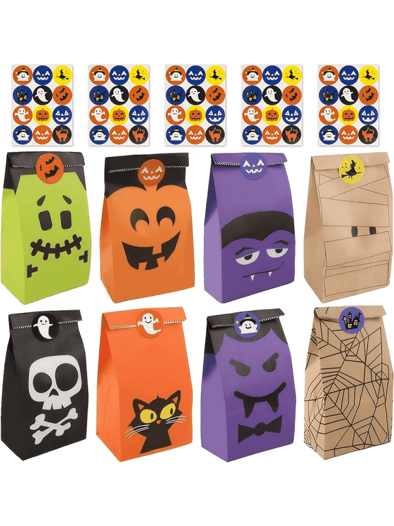 56pcs Halloween Treats Bag with 60pcs Stickers, Halloween Candy Cookie Bags Paper for Treats Snacks, Halloween Trick or Treat Goodie Bags