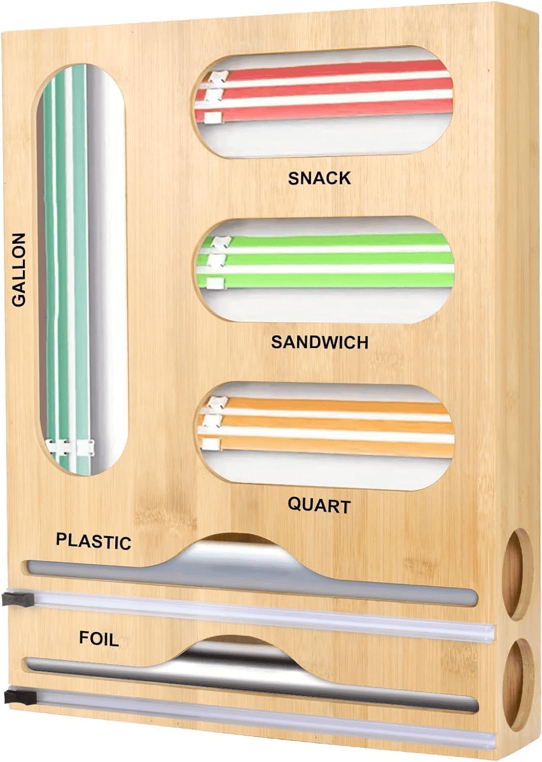 Ninonly 6 IN 1 Ziplock Bag Storage Organizer with Cutter and Labels, Foil and Plastic Wrap Dispenser for Kitchen Drawer, Update Bamboo Organizer with Gallon, Snake, Quart, Wax Paper, Sandwich