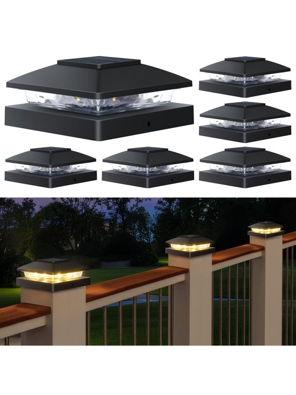 Solar Post Cap Lights Outdoor Waterproof LED Black for 4x4 Wood/Vinyl Posts 6 Pack