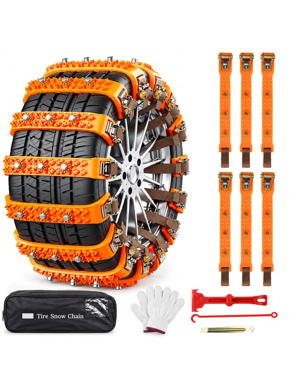 6 Pack Universal Tire Chains,Emergency Portable Snow Chains Suitable for Car, Truck, and SUV,Orange