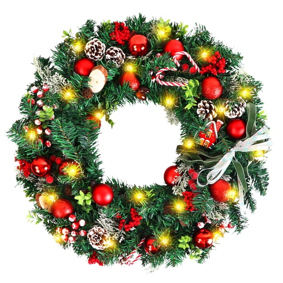 Ninonly 24 Inch Pre-Lit Christmas Wreath with 30 LED Light,Battery Operated Artificial Christmas Wreath with Pinecone Red Berries,Red Balls,8 Modes Xmas Door Wreath for Mantle Home Window Wall Decor