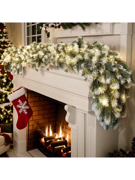 6FT Christmas Garland with Light, Seasonal Artificial Christmas Green Rattan Pine Cypress Garland Holiday Outdoor Winter Decor, 8 Modes Xmas Garland Indoor for Mantle Fireplace Stair Wreath