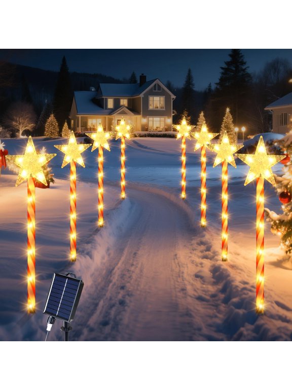 Solar Christmas Lights,Solar Christmas Star Candy Cane Lights,80 LED,8 Lighting Modes, Waterproof,Outdoor Pathway, 8 Pack