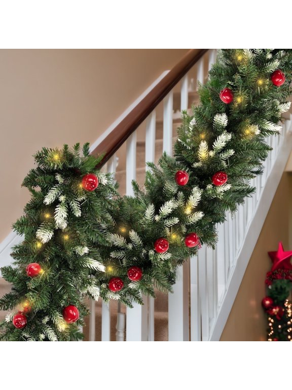 9FT Lighted Christmas Garland, 8 Modes Pre-lit with 60 LED Lights, Battery Operated, Red Berries