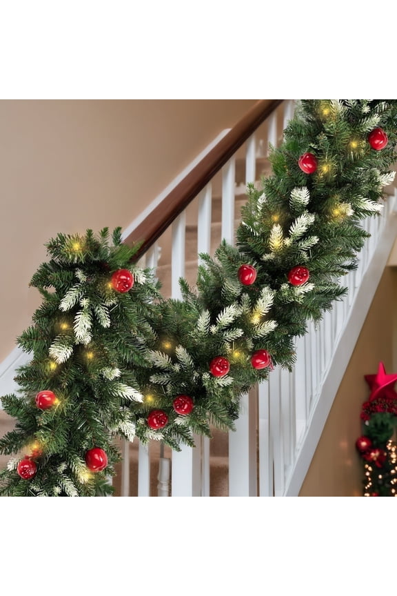 9FT Christmas Garland, 8 Modes Pre-lit Artificial Xmas Garland Decoration with 60 LED Lights, Battery Operated Xmas Garland with Red Berries for Door Indoor Outdoor Mantle Stairs Decor