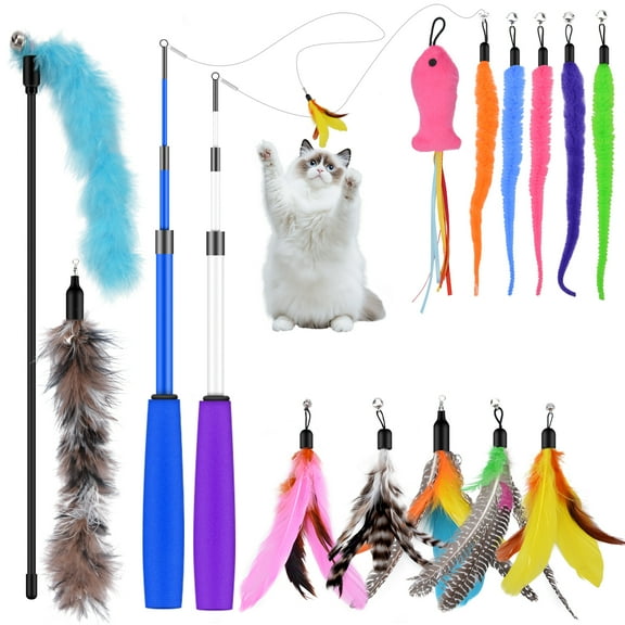 Ninonly 15 Pack Cat Feather Toys, 2 Retractable Cat Wands and 13 Replacement Bells, Interactive Cat Catcher Toy for Indoor Cat Accessories