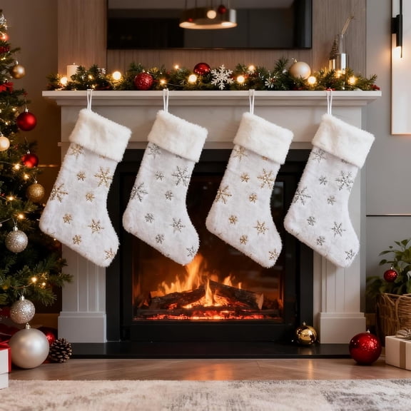 Ninonly 4 Pack White Christmas Stockings, 16 Inch Faux Fur Sequin Gold Silver Snowflake Christmas Stockings, Xmas Plush Stockings for Fireplace Hanging and Holiday Party Decoration