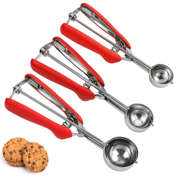 Ninonly Cookie Scoop Set, Cookie Scoops for Baking Set of 3, Stainless Steel Ice Cream Scoop, 1 Tbsp/2 Tbsp/3 Tbsp Red Cookie Dough Scoop for Cookie Cupcake Ice Cream Muffin Truffles