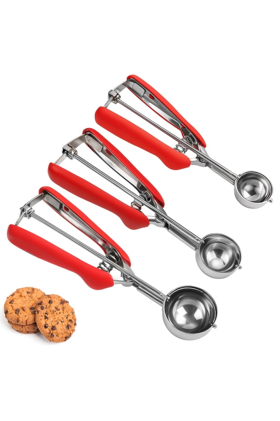 Cookie Scoop Set, Cookie Scoops for Baking Set of 3, Stainless Steel Ice Cream Scoop, 1 Tbsp/2 Tbsp/3 Tbsp Red Cookie Dough Scoop for Cookie Cupcake Ice Cream Muffin Truffles