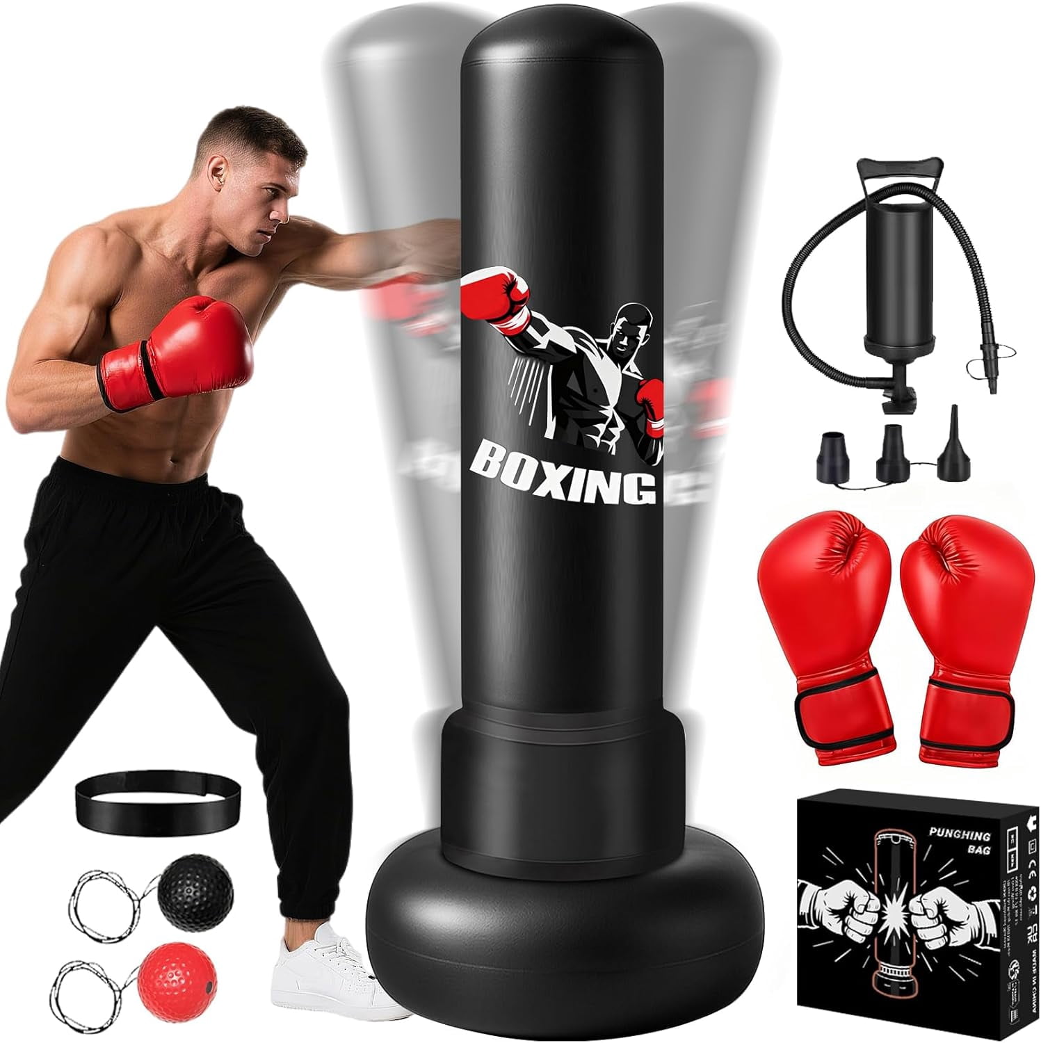 Ninonly Freestanding Punching Bag for Adults 70inch PVC All-in-One Training Set with Boxing Gloves,Black