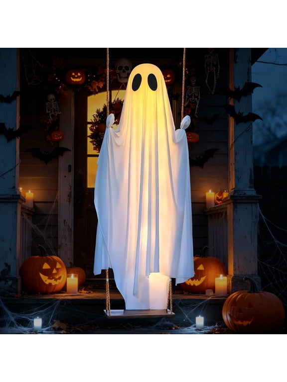 Halloween Decorations Outdoor,5 Ft Large Hanging Swing Ghost Halloween Decor with String Lights, Spooky Cute Ghosts Decorations for Front Yard Tree