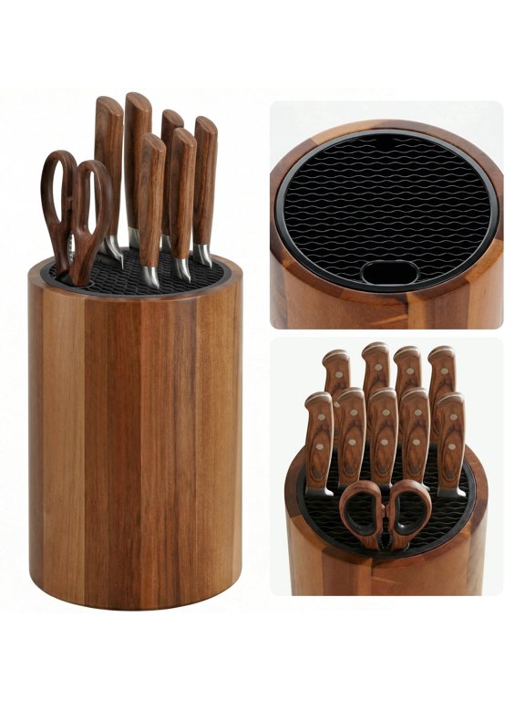 Universal Knife Block Holder, Round Non-Slip Wooden Countertop Knife Block Without Knives