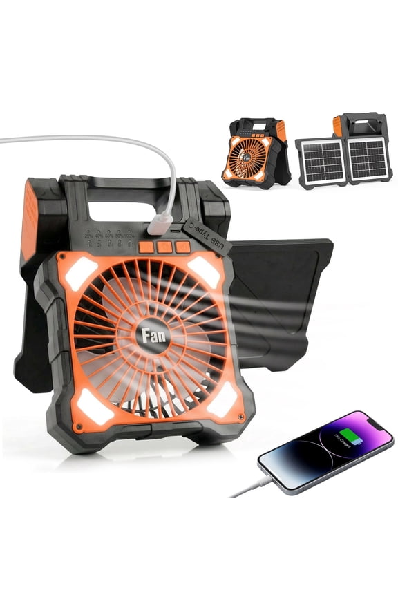 Solar Powered Camping Fan,22000mAh Portable Camping Fan for Tent with LED Light,5 Timer Settings & 5 Speeds-Orange
