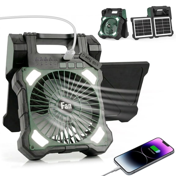 Ninonly Solar Powered Camping Fan,22000mAh Portable Camping Fan for Tent with LED Light,5 Timer Settings & 5 Speeds, for Camping Outdoor-Green