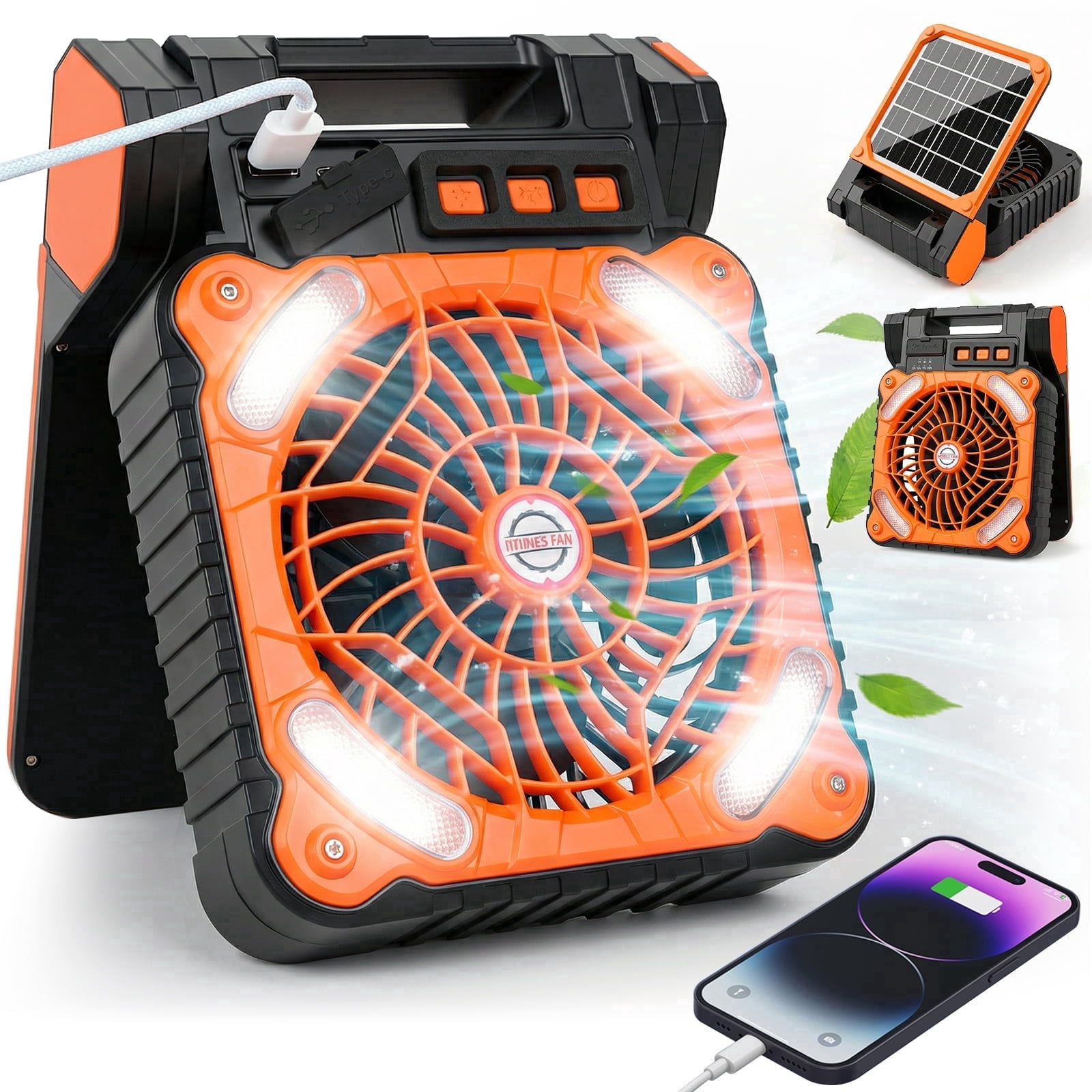 Ninonly Solar Powered Camping Fan, 12000mAh Portable Tent Fan with LED Light, 4 Speeds & 3 Timers, Usb Rechargeable Fan,Orange
