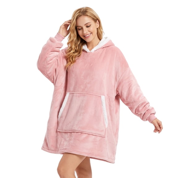 Ninonly Oversized Wearable Blanket Hoodie, Cozy Fleece Sherpa Lined, Large Front Pocket,Pink