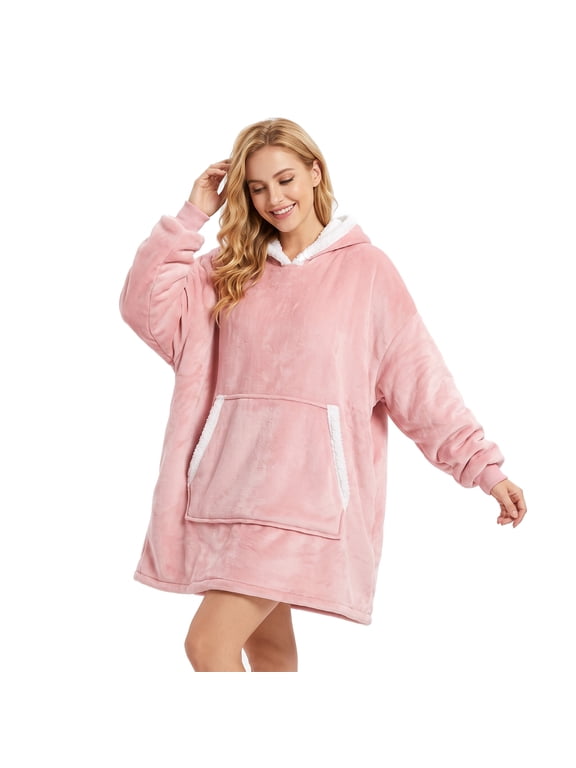 Oversized Wearable Blanket Hoodie, Cozy Fleece Sherpa Lined, Large Front Pocket,Pink
