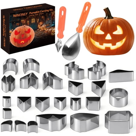 Ninonly 26Pcs Halloween Pumpkin Carving Kit,with 24 PCS Stainless Steel Pumpkin Carving Stencils&2 Carving Tools