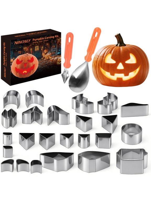 26Pcs Halloween Pumpkin Carving Kit,with 24 PCS Stainless Steel Pumpkin Carving Stencils&2 Carving Tools