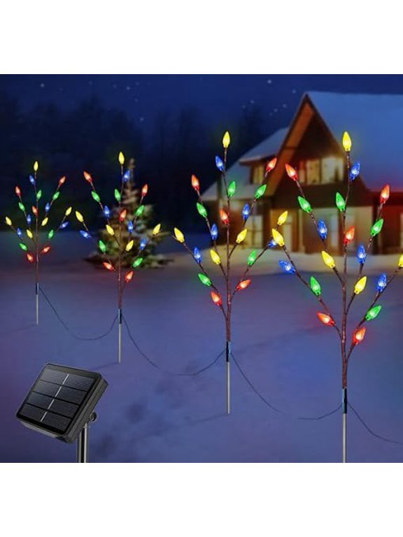 Set of 4 Solar Christmas Pathway Lights, 80 LEDs Christmas Strawberry Stake Lights, 8 Modes Christmas Tree Lights, Waterproof Christmas Outdoor Decorations for Garden Porch Patio Yard