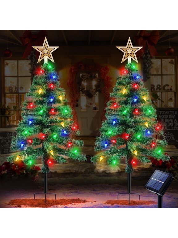 Solar Christmas Tree Light 2 Pack, 3.6FT 1000mAh 100 LED C6 Strawberry Lights for Christmas Outdoor Decoration