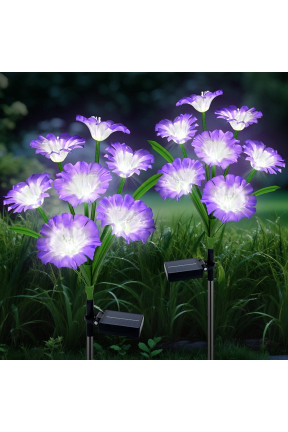 2 Pack Morning Glory Solar Garden Lights, Solar Powered Decor for Yard Pathway Patio Lawn,Purple