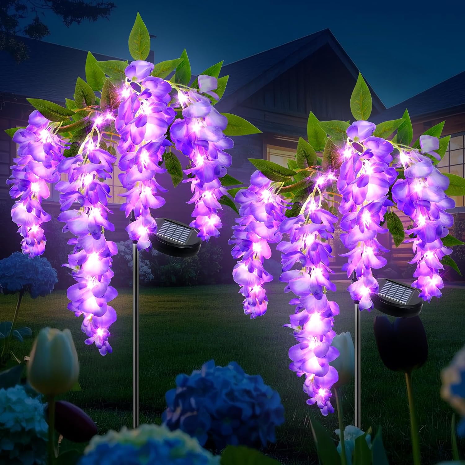 Ninonly Solar Garden Lights Outdoor, 2 Pack Solar Pathway Lights, 2 Lighting Modes Solar Wisteria Flowers Lights Outdoor Waterproof for Landscape Courtyard Lawn Terrace Decor