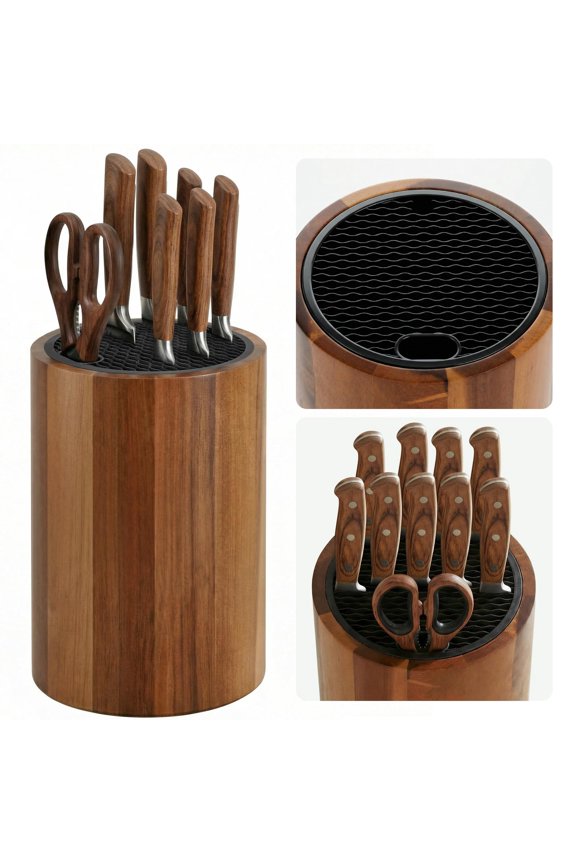 Universal Knife Block Holder, Round Wooden Countertop Knife Block Without Knives, Acacia Wood Knife Storage for Kitchen Steak Knives, Scissors & Sharpening Rod Y101