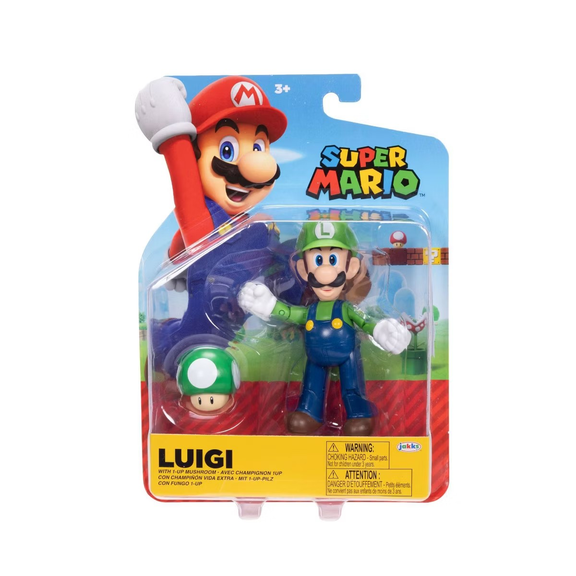 Super Mario Luigi 4 Inch Action Figure with Green Mushroom