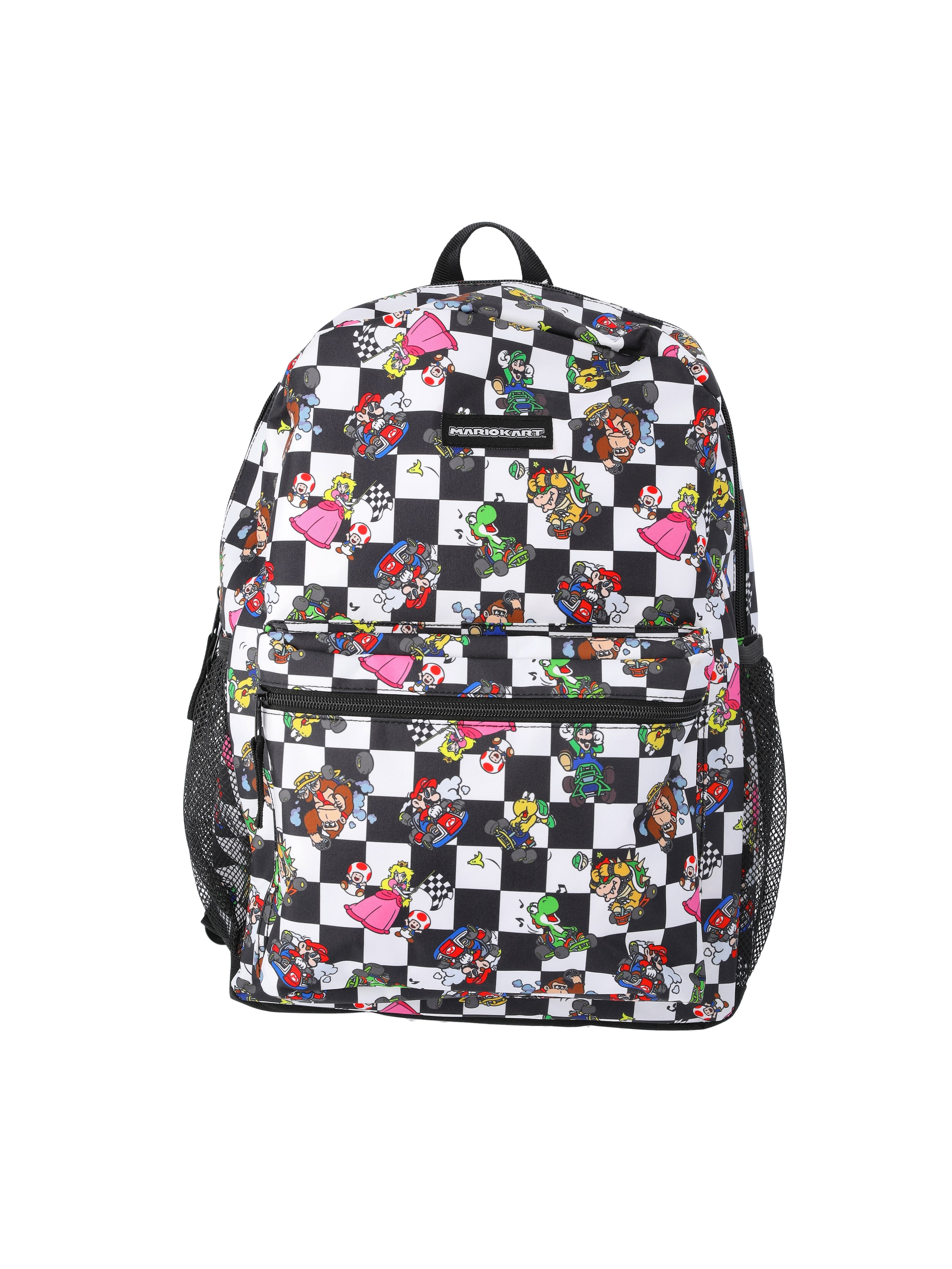 Nintendo Mario Kart  Boys' 17" Allover Print Checkered Backpack, Black/White