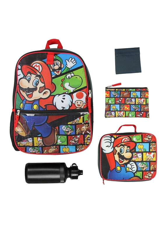Backpack Super Mario 5 PC Shimmer Character 16" Lunch Box Combo Set