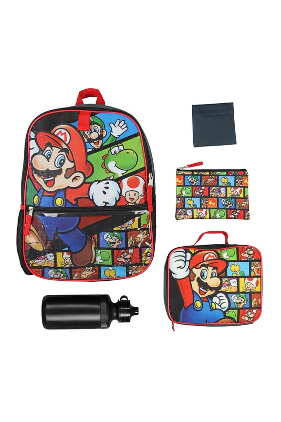 Nintendo Backpack Super Mario 5 PC Shimmer Character 16" Lunch Box Combo Set