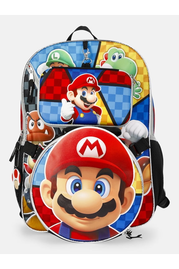 Nintendo Mario Boys 17" Step it Up Backpack with Pouch & Lunch Box, 3-Piece Set, Black