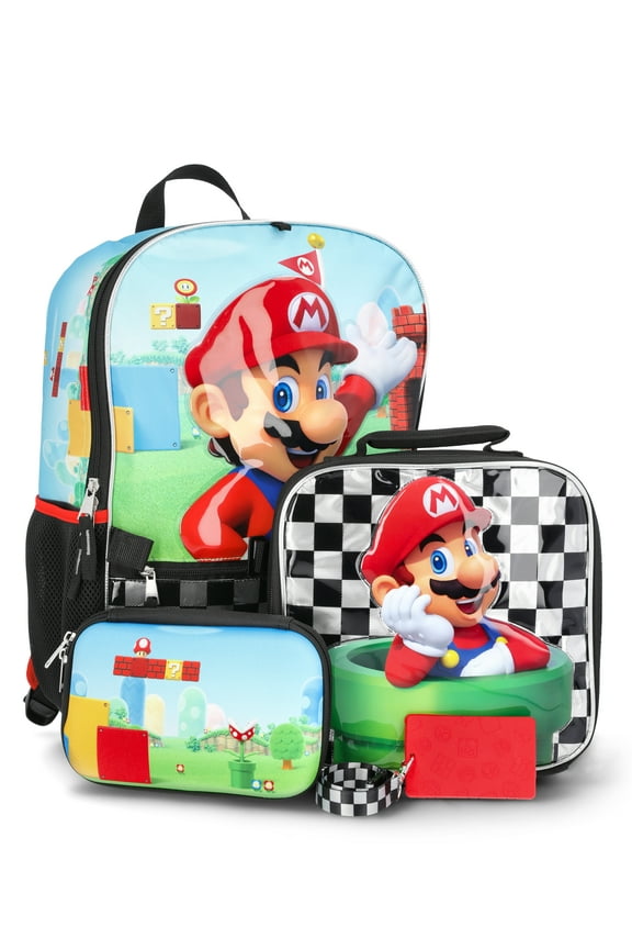 Boys' 17" Super Mario Backpack, Lunch Box, Gadget Case, and ID Holder Set, 4-Piece, Black