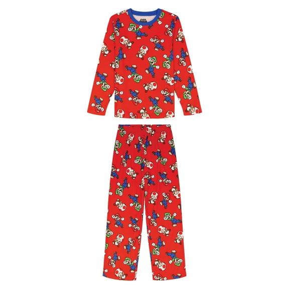 Nintendo Mario Boys Holiday Long Sleeve Top and Pants Pajama Set, 2-Piece, Sizes 4-12