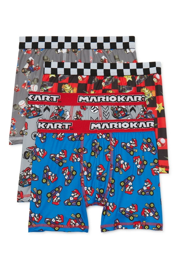 Nintendo Boys Super Mario Kart Boxer Briefs Underwear, 4-Pack, Sizes XS-XL