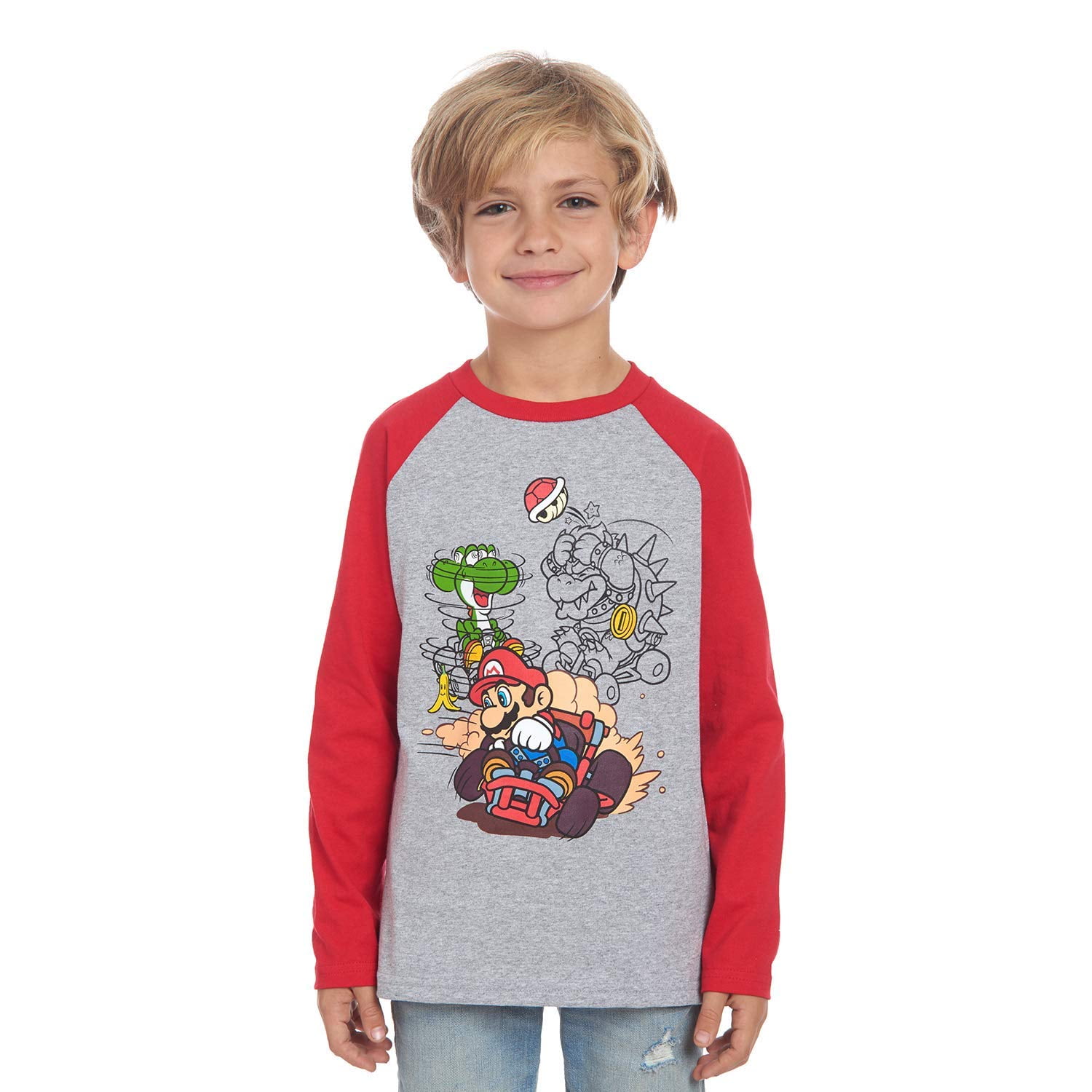 Nintendo Boys Super Mario Kart King Koopa Bowser and Yoshi Raglan Long Sleeve Tee, Grey/Red, Sizes 2T-6