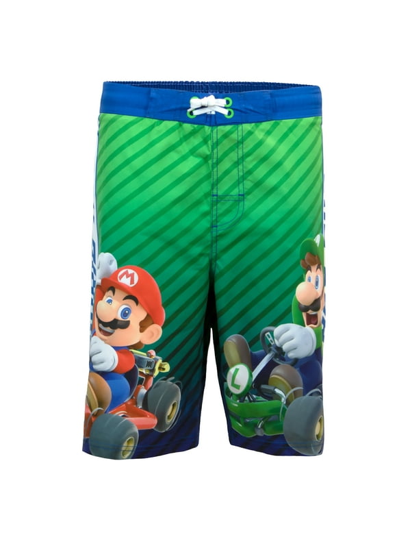Nintendo Boys Super Mario/Mario Kart Game Print Swim Shorts (Green/Blue, Size Large)