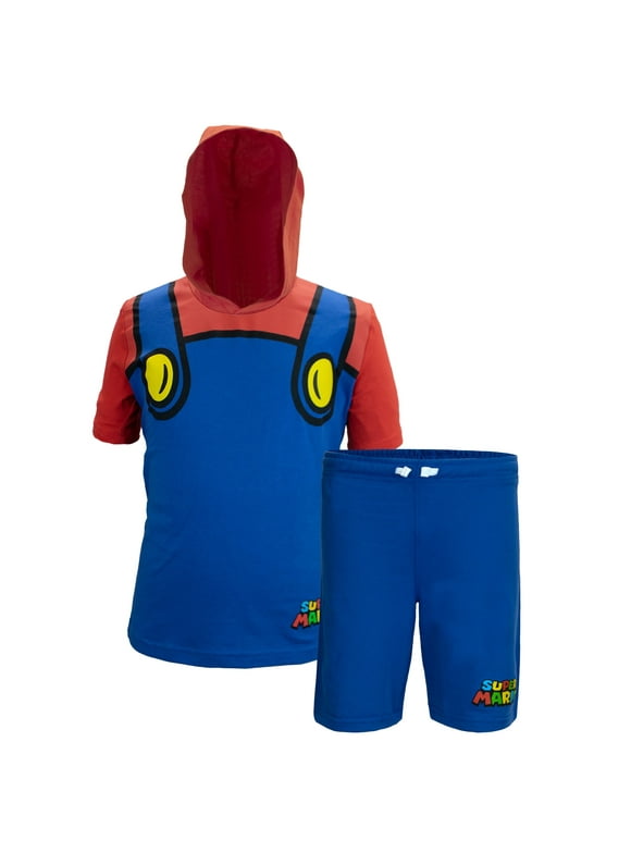 Characters Boys Super Mario & Luigi Character Lightweight Short Sleeve Hoodie T-Shirt & Shorts Ath Short Set (Mario, Sizes 2T-16)