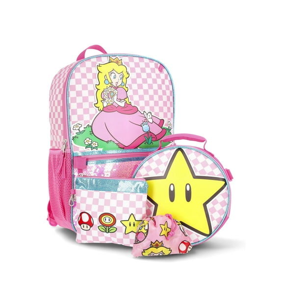 Nintendo Girls 17" Princess Peach Backpack, Lunch Box, Coin Pouch and Tote Set, 4-Piece, Pink