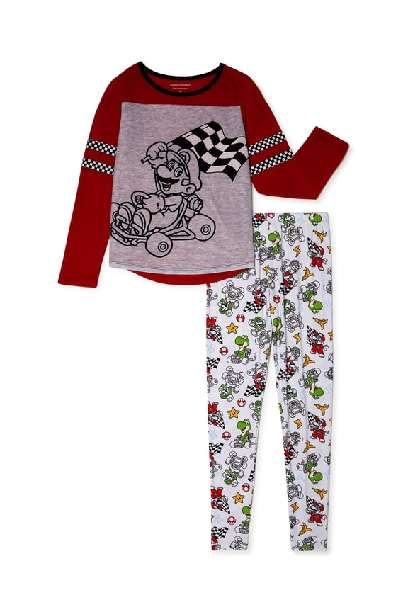 Girls Super Mario Long Sleeve Top and Pants, 2-Piece Pajama Set, Sizes 4-10