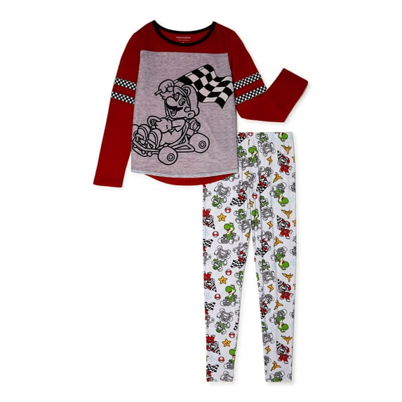 Nintendo Girls Super Mario Long Sleeve Top and Pants, 2-Piece Pajama Set, Sizes 4-10
