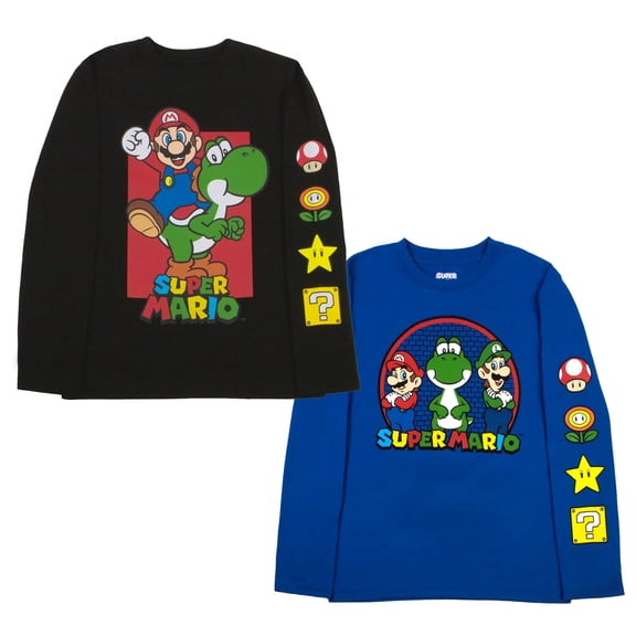 Nintendo Kids Super Mario Bros Mario & Luigi Boys Long Sleeve 2-Pack T-Shirt Bundle Set for Boys (Sizes 4-16)