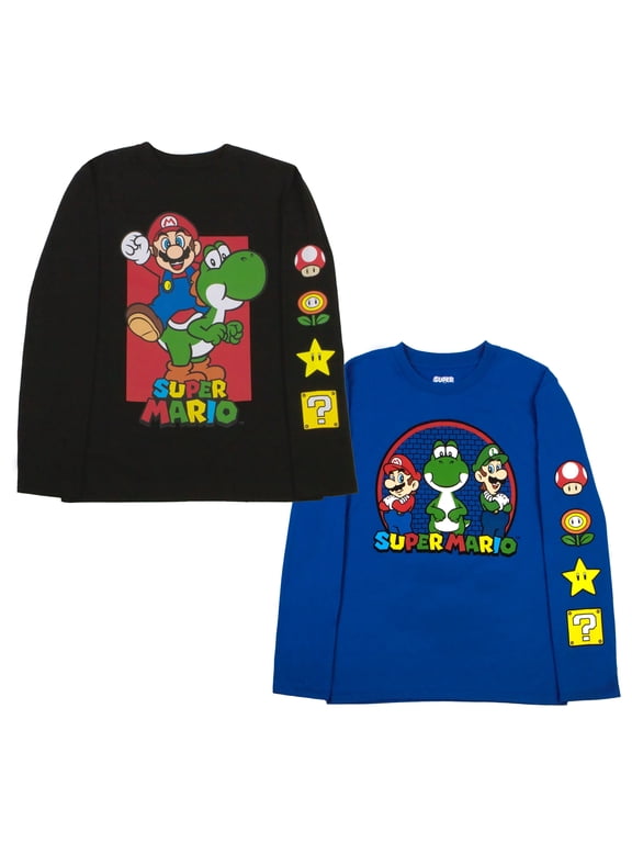 Kids Super Mario Bros Mario & Luigi Boys Long Sleeve 2-Pack T-Shirt Bundle Set for Boys (Sizes 4-18)