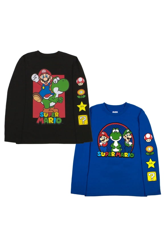 Kids Super Mario Bros Mario & Luigi Boys Long Sleeve 2-Pack T-Shirt Bundle Set for Boys (Sizes 4-18)