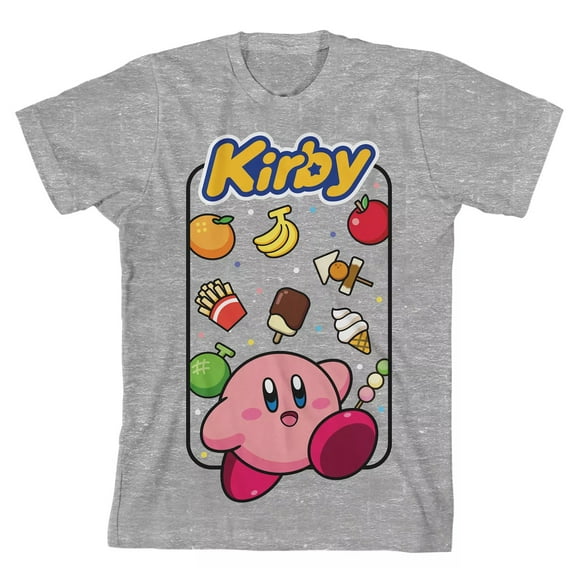 Nintendo Kirby Shirt Boys' Fun Food Print Background Graphic Crewneck Tee(XS,4)