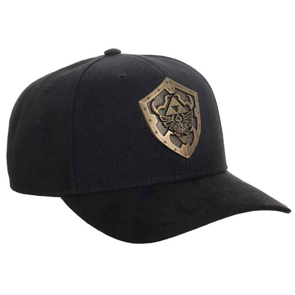 Nintendo Legend Of Zelda Hylian Shield Brass Metal Badge Men's Black Precurve Snapback Hat