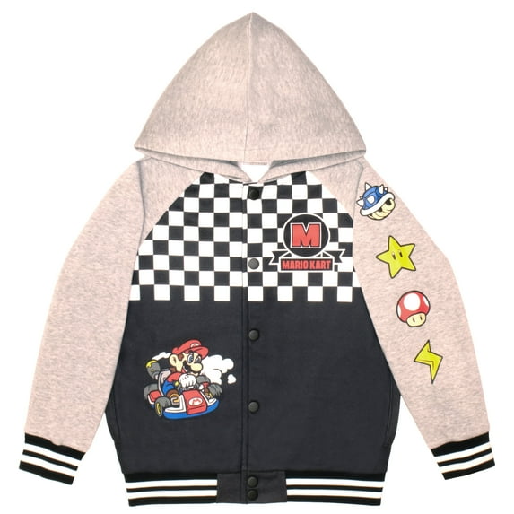 Nintendo Mario Kart Boys Button Up Hoodie Fleece Varsity Jacket Super Mario Hoodie for Kids (Size 4-16)